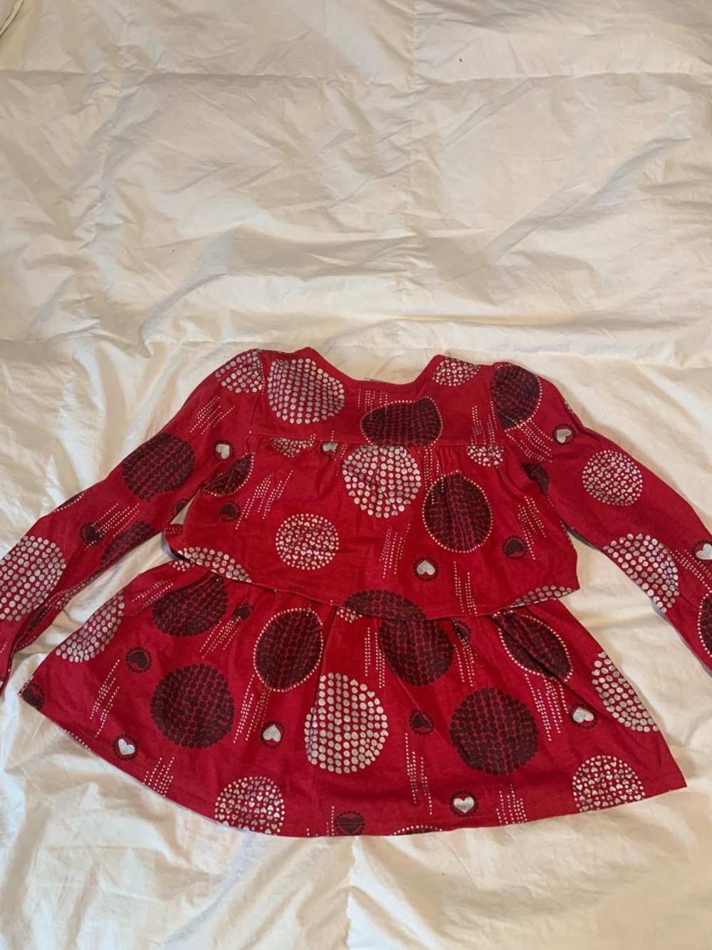 One Step Ahead Red Long-Sleeve Tiered Girls Dress with Dot and Heart Motifs